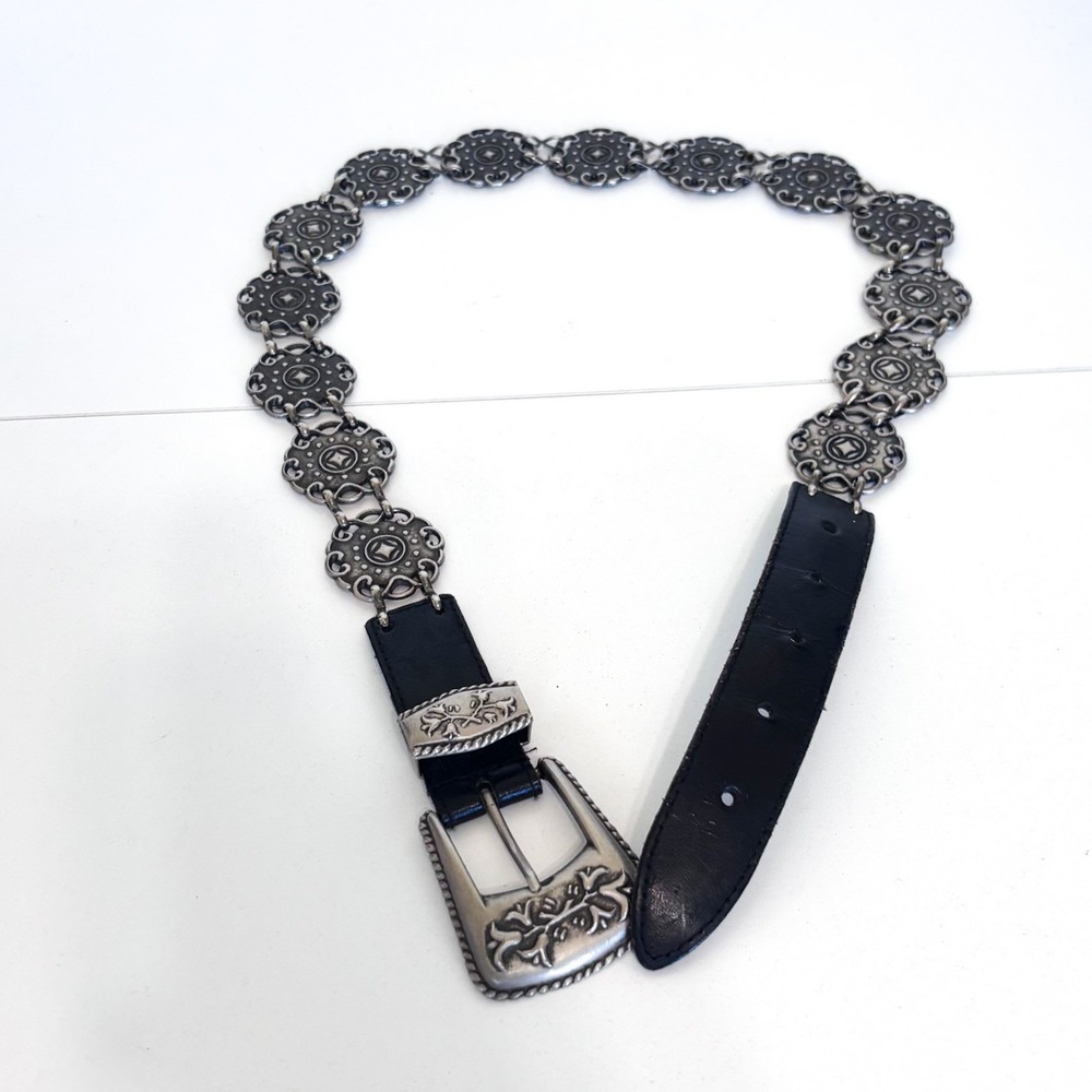 Western Concho Womens Vintage Boho Chain Belt M/L Black Silver Floral Festival